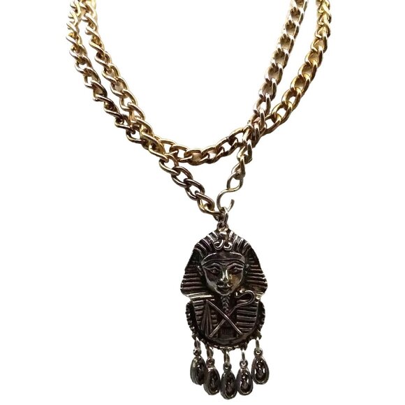Vintage Large King Tut Pendant on Chunky Gold Tone Curb Link Chain Egyptian Phar - Picture 3 of 5